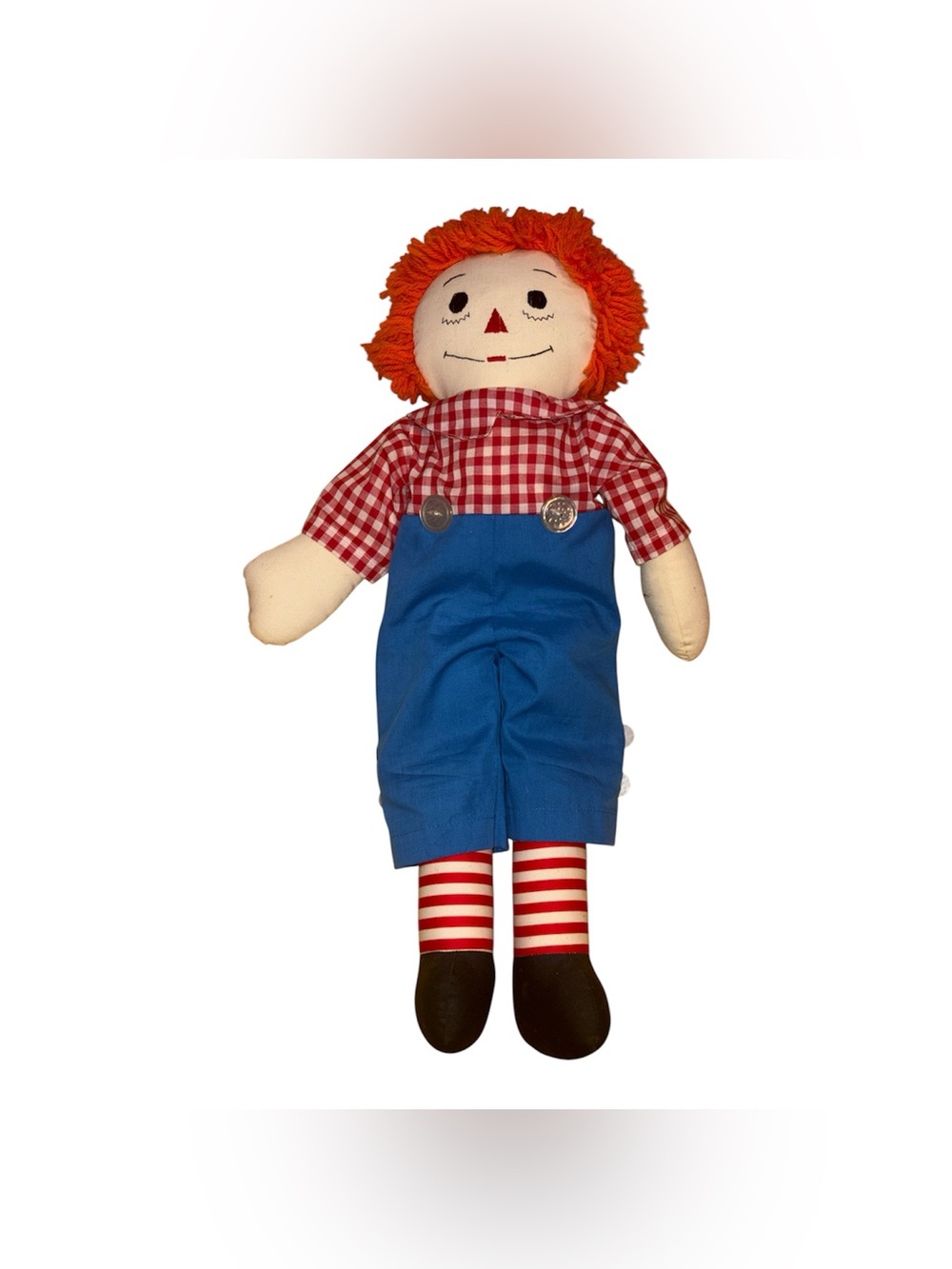 Vintage Rag Doll Plush with Red Hair, Blue Overalls and Red-White Striped Legs